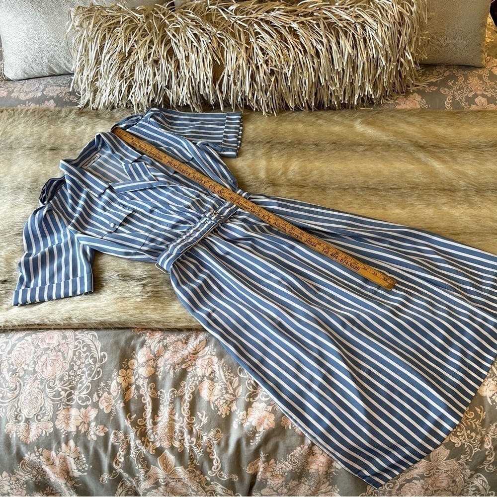 True 80sVintage DIANE VON FURSTENBERG Blue White Strips DVF Midi Wrap Dress 12 - Picture 3 of 17